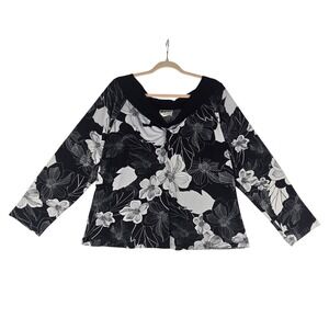 I.N. Studio Floral V-Neck Blouse Women 1X Black White Long Sleeve Stretch Top